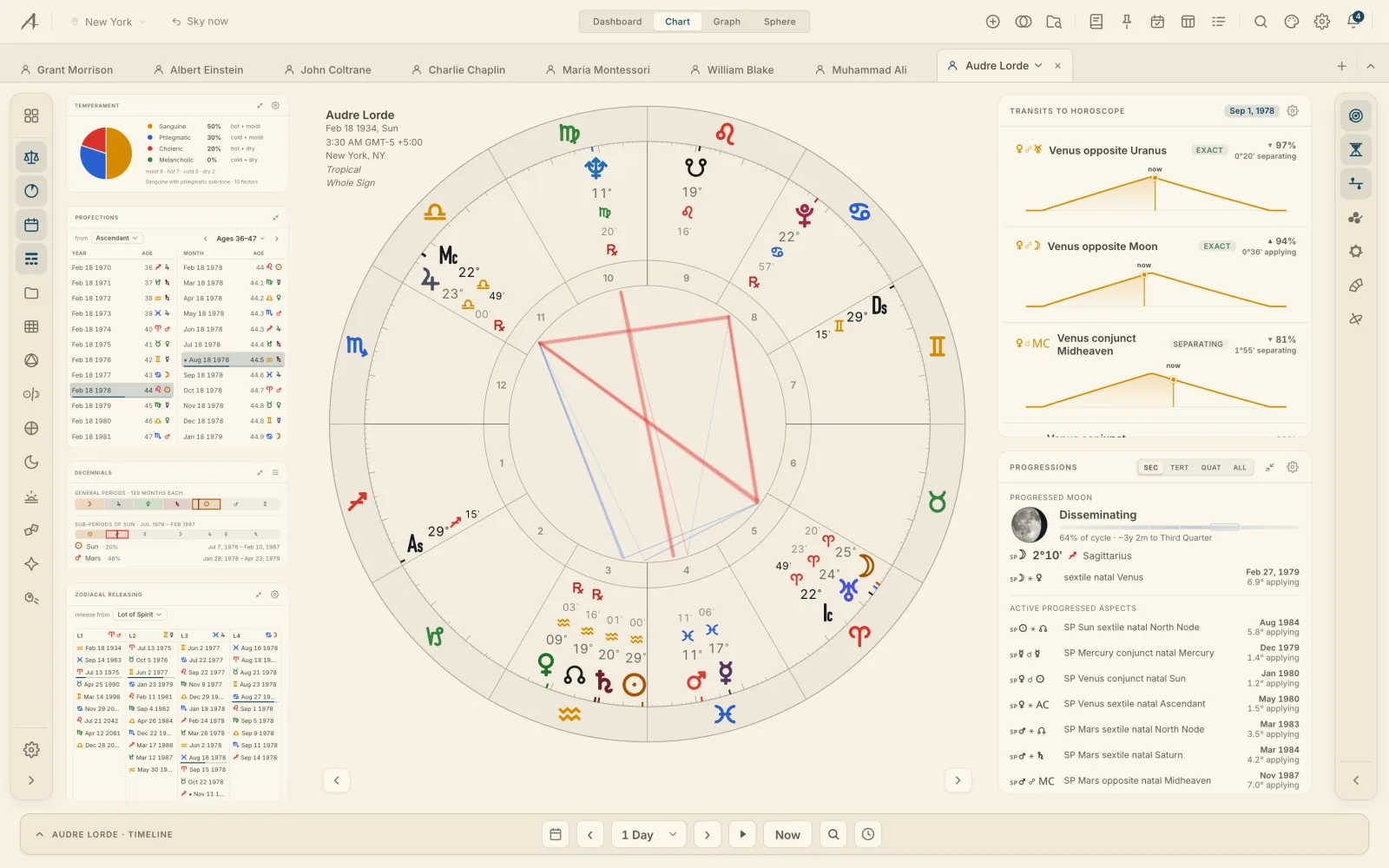 Arcus on a laptop: Audre Lorde's chart on 1 September 1978, with temperament, profections, decennials and zodiacal releasing down the left and the transits, progressions and declinations down the right, then the same chart in the Graph, the sky in the Sphere, her lines on the Earth, and the digest.