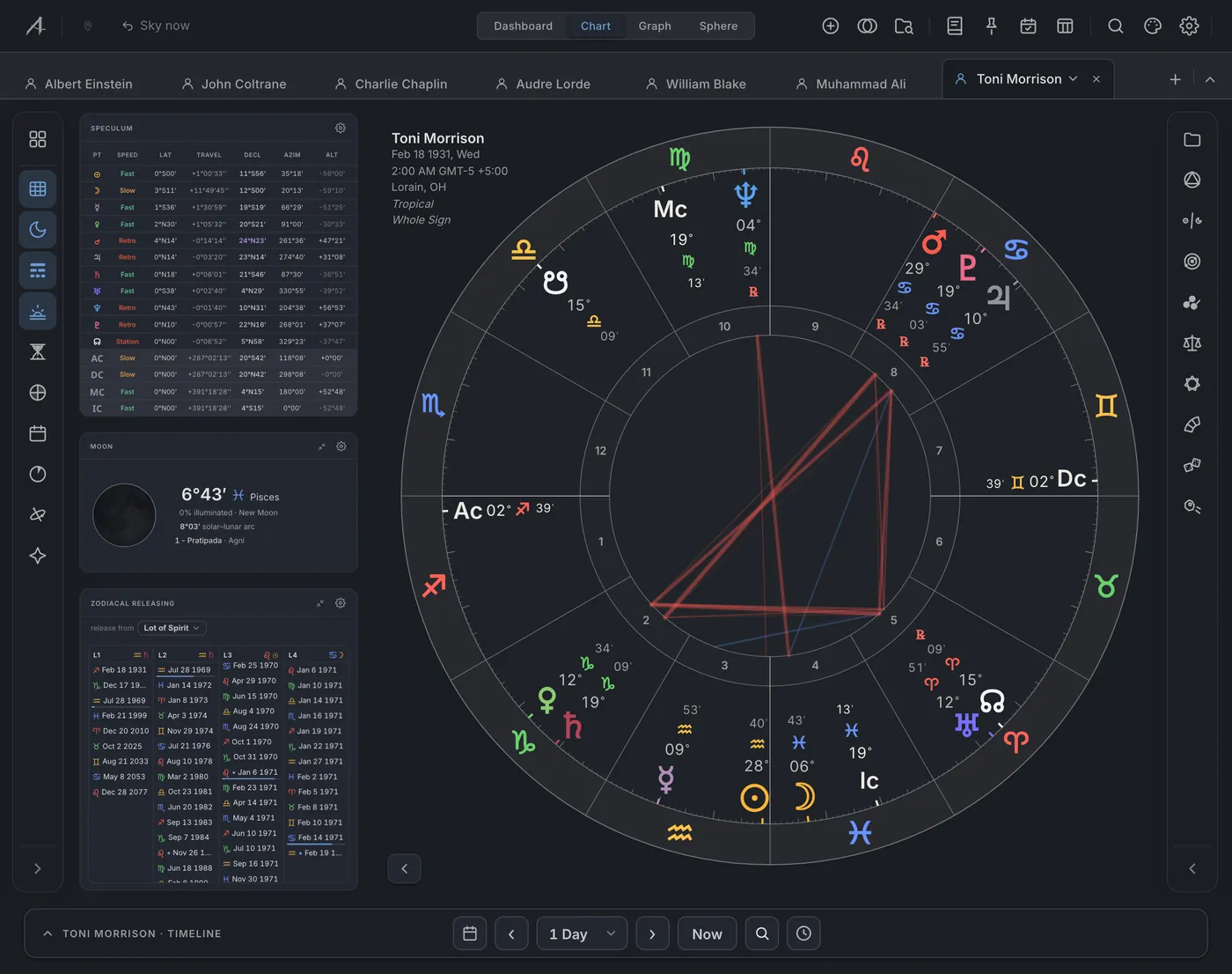 The Chart lens with every technique on the rails at once: temperament, decennials, firdaria, profections and the speculum around the wheel
