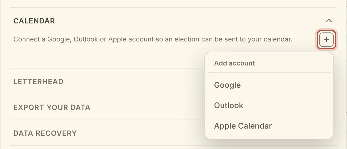 Calendar, in Settings, Account, with + open on Google, Outlook and Apple Calendar