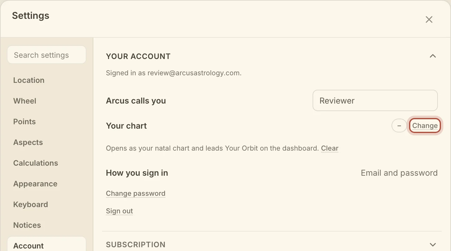 Your account, in Settings: what Arcus calls you, your chart, and how you sign in