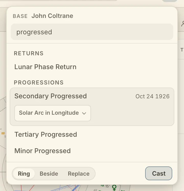 The Cast popover filtered to "progressed", with Secondary Progressed open