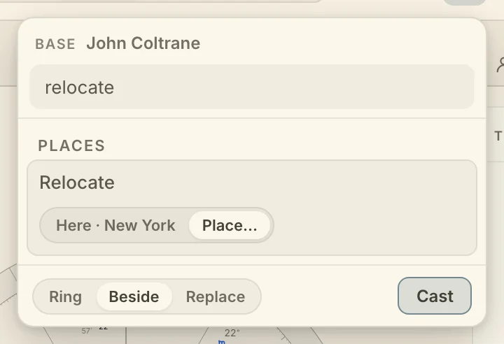 The Cast popover filtered to "relocate"