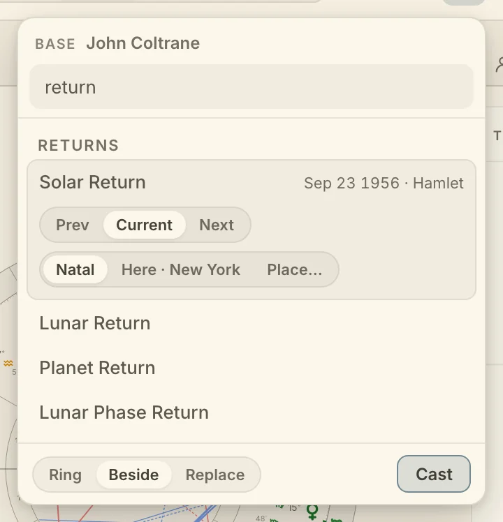 The Cast popover filtered to "return", with Solar Return open