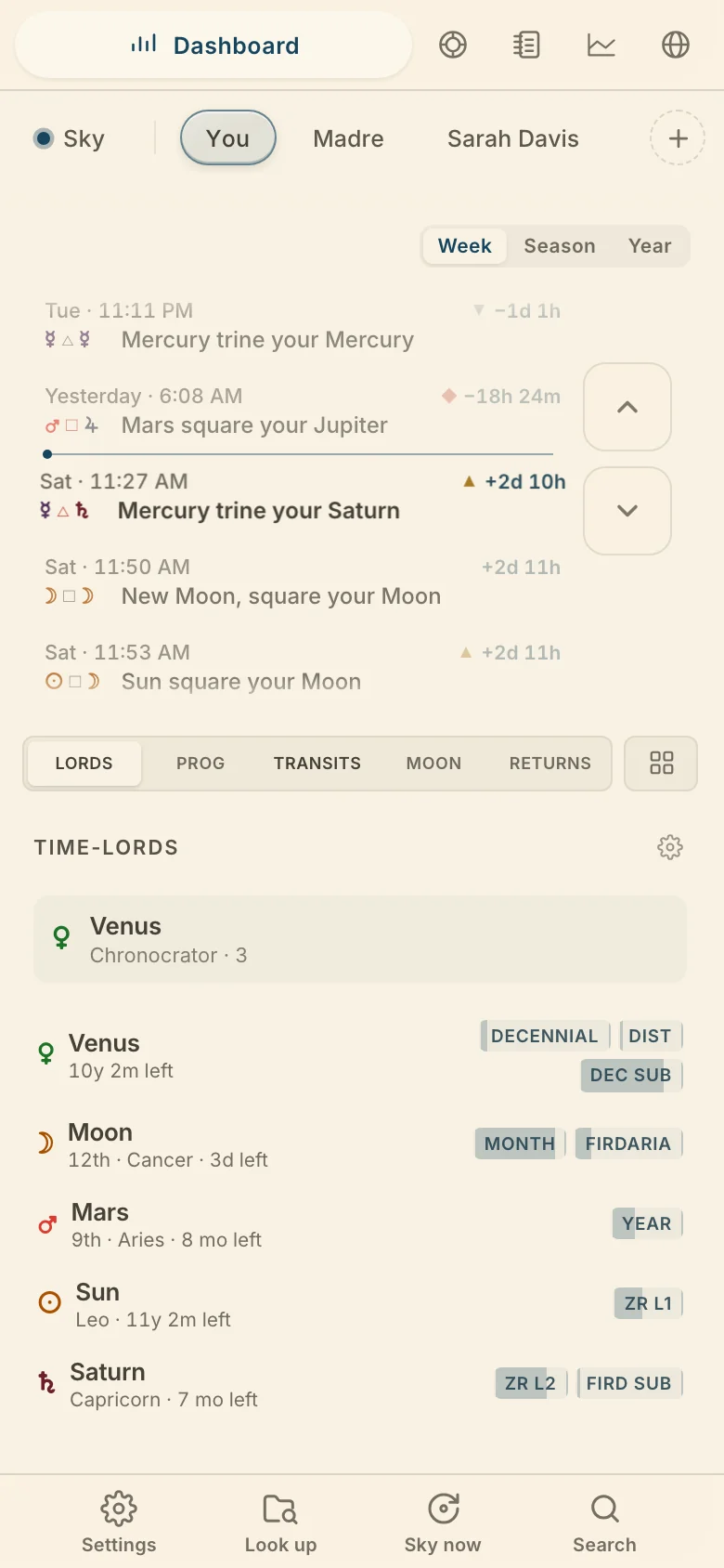 The Dashboard on a phone, with the section tabs under the dial