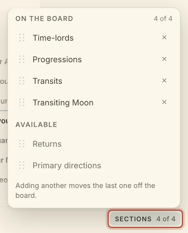 The Sections panel: what is on the board, and what is available