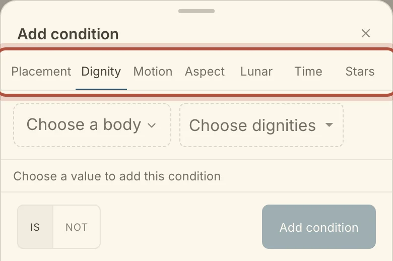 The condition sheet on a phone, with the categories along its top