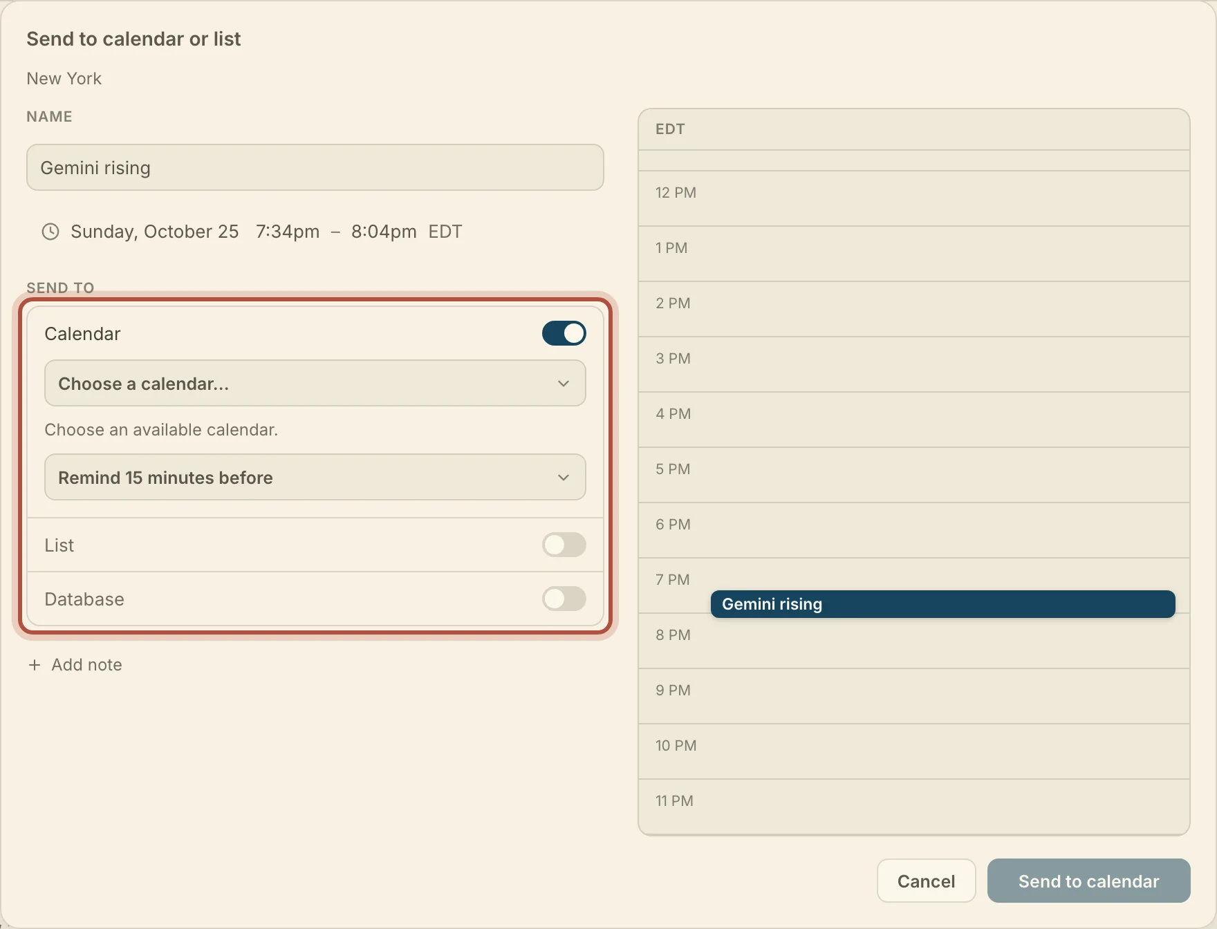 Send to calendar or list, with Calendar switched on and the day beside it