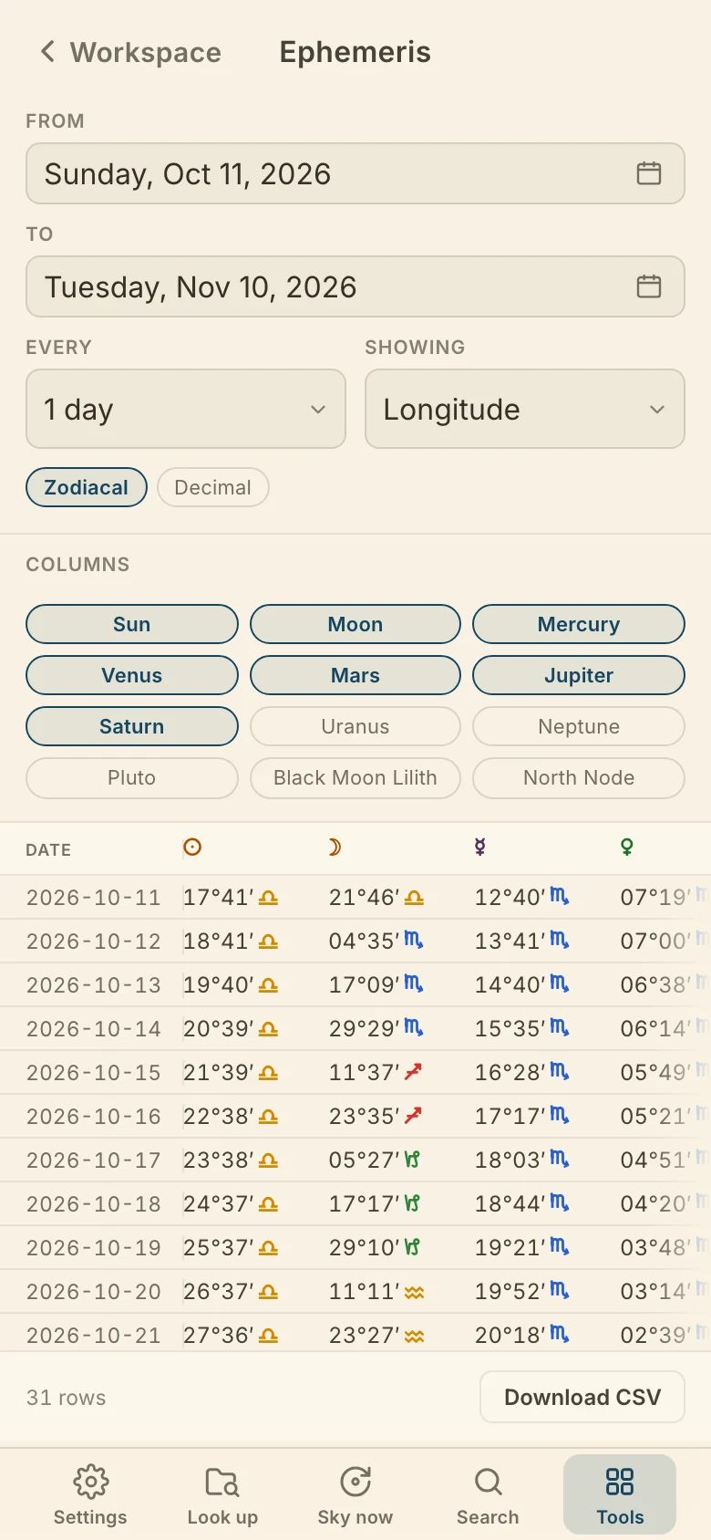 The Ephemeris on a phone: the range and step, Showing, the column chips, and the table under them