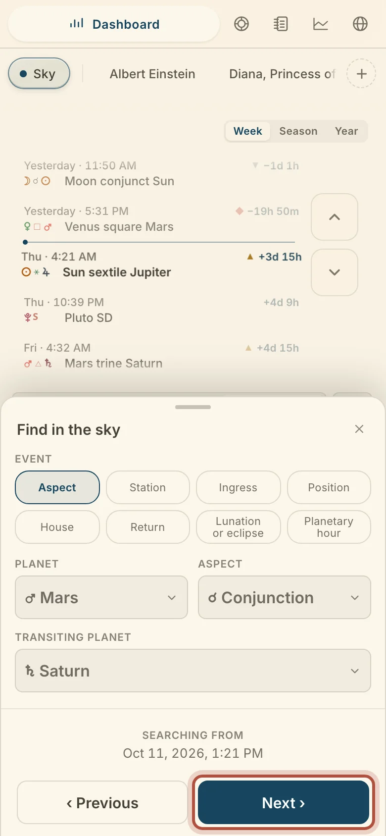 Find in the sky on a phone: a sheet from the Tools menu, with Previous and Next at its foot