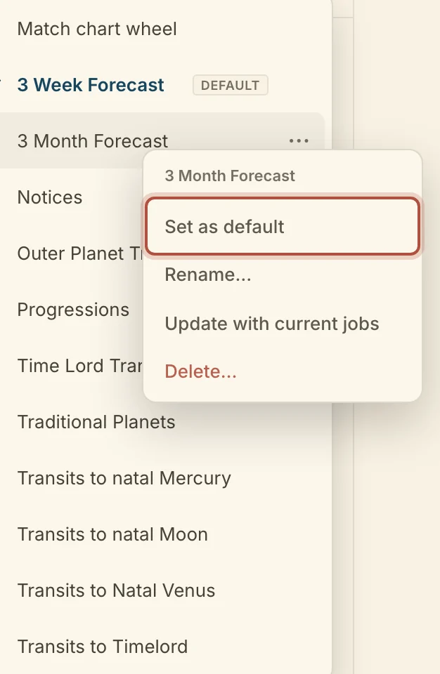 The setup list open, with a setup's menu: Set as default, Rename, Update, Delete