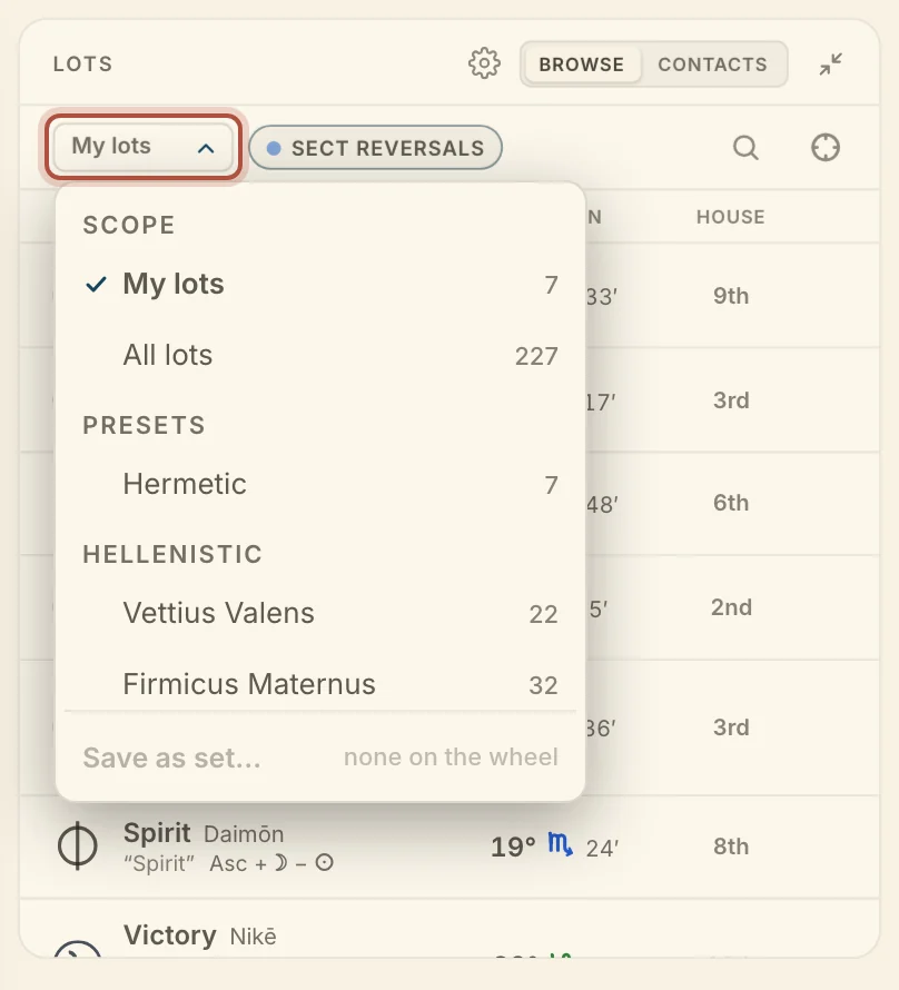 The Lot scope menu on the Lots card: your lots, all lots, and the lots by author