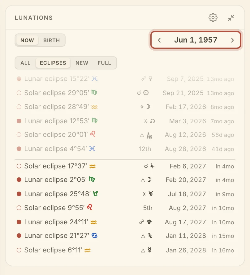 The Lunations card on Eclipses, with the stepper that puts the previous or next one on the wheel