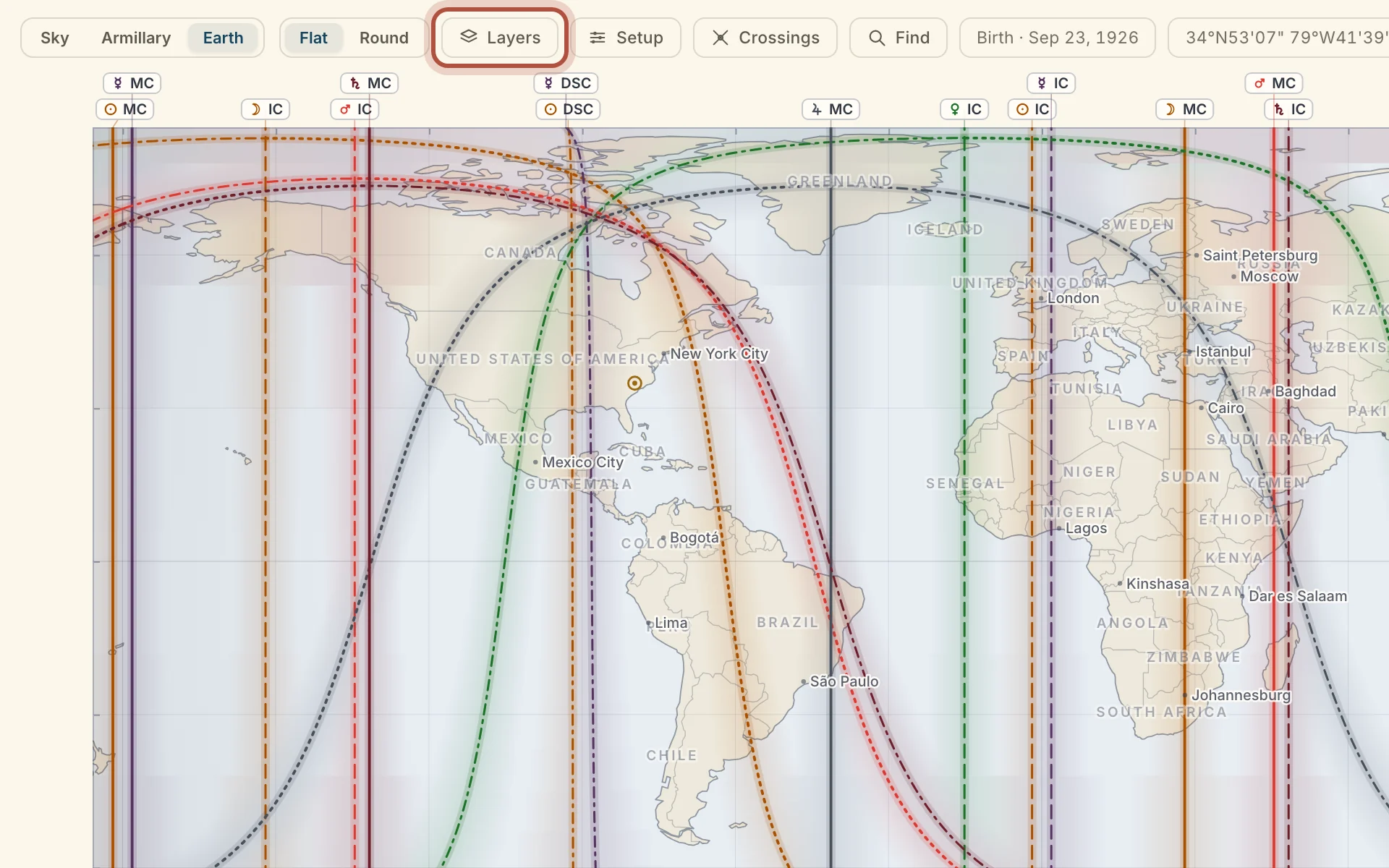 The Earth map, with Layers, Setup, Crossings and Find along the top