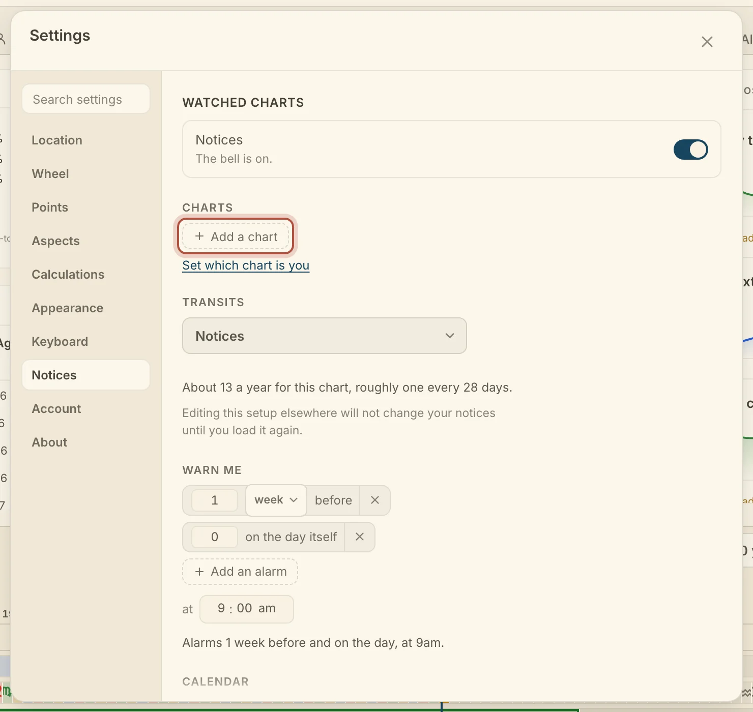 Notices, in Settings: the switch, the charts it watches, and Add a chart