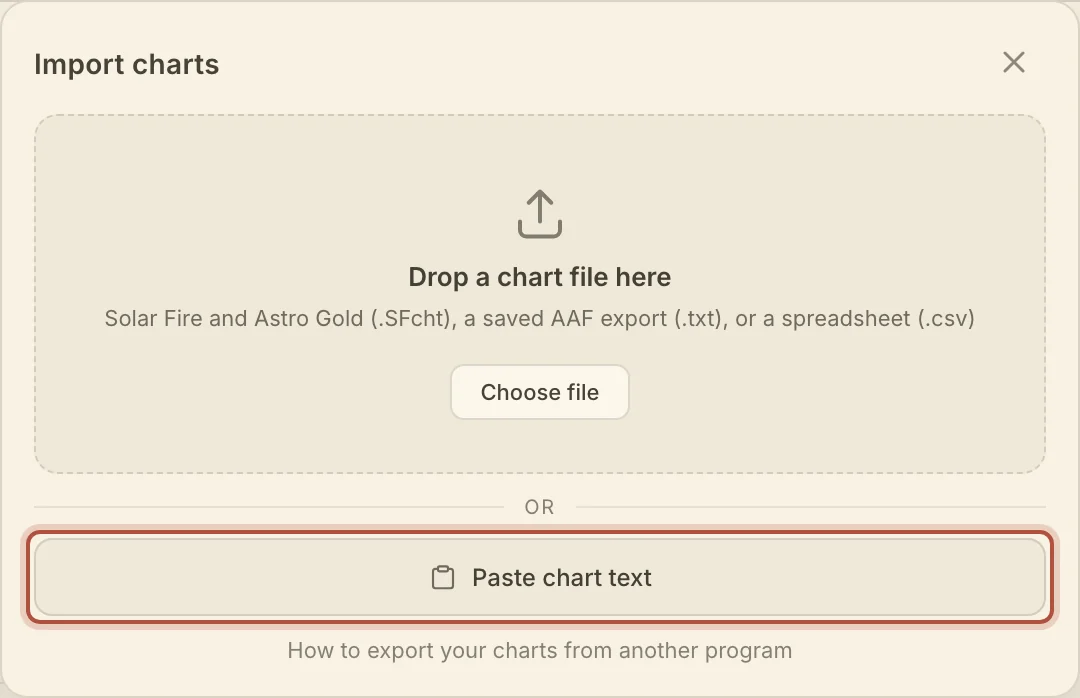 Paste chart text, under the drop zone in the import window