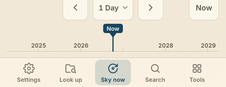 The bar along the bottom of a phone: Settings, Look up, Sky now, Search and Tools