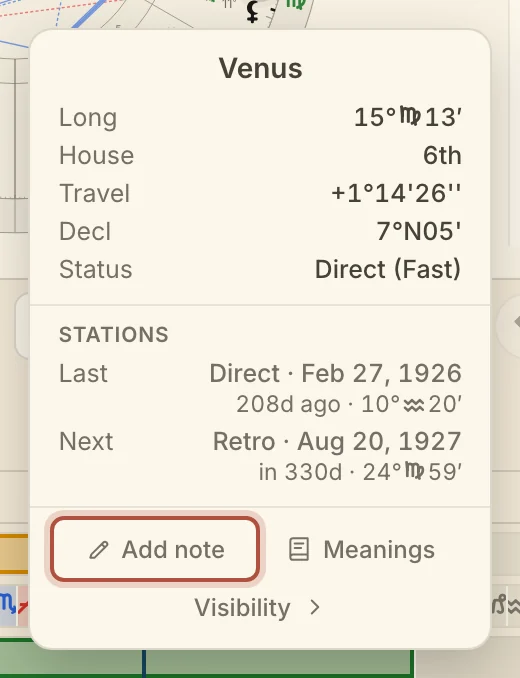 Venus's card, open on hover, with Add note, Meanings and Visibility at its foot