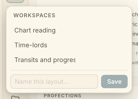 The Workspaces menu, with the saved layouts and a box to name a new one