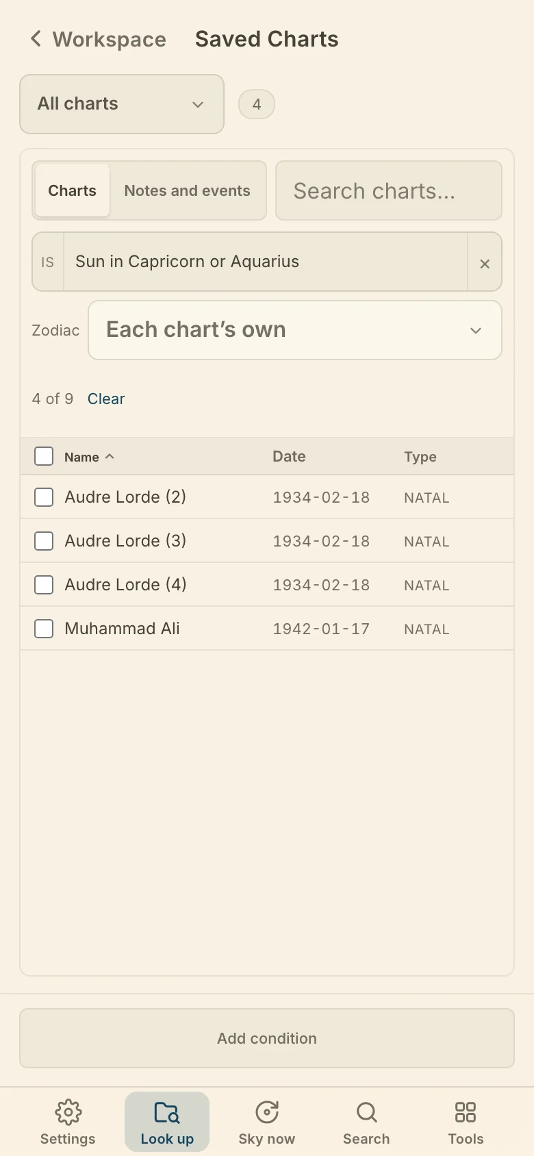 Saved Charts on a phone, as a list with the search above it