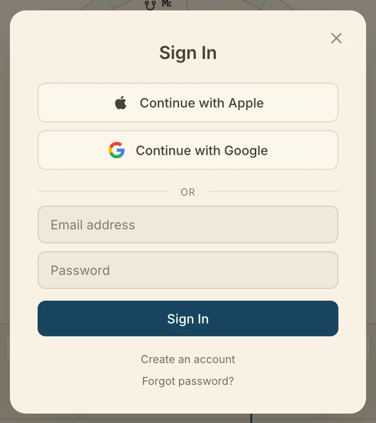 The sign-in window, with Apple, Google and email