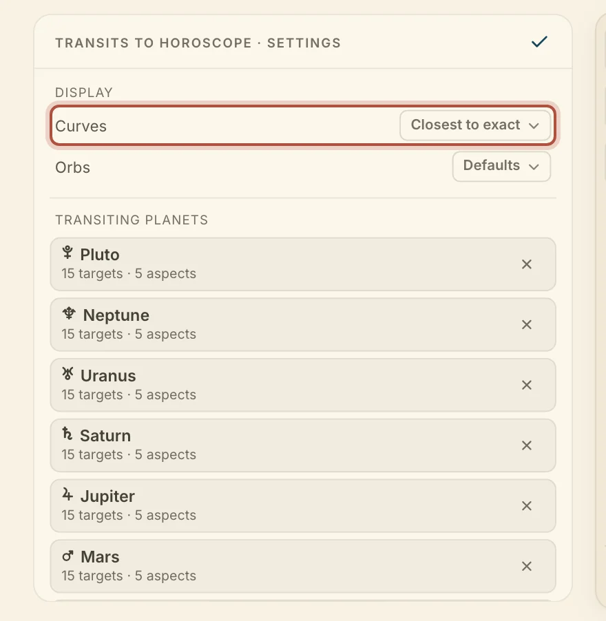 The Transits card turned to its settings
