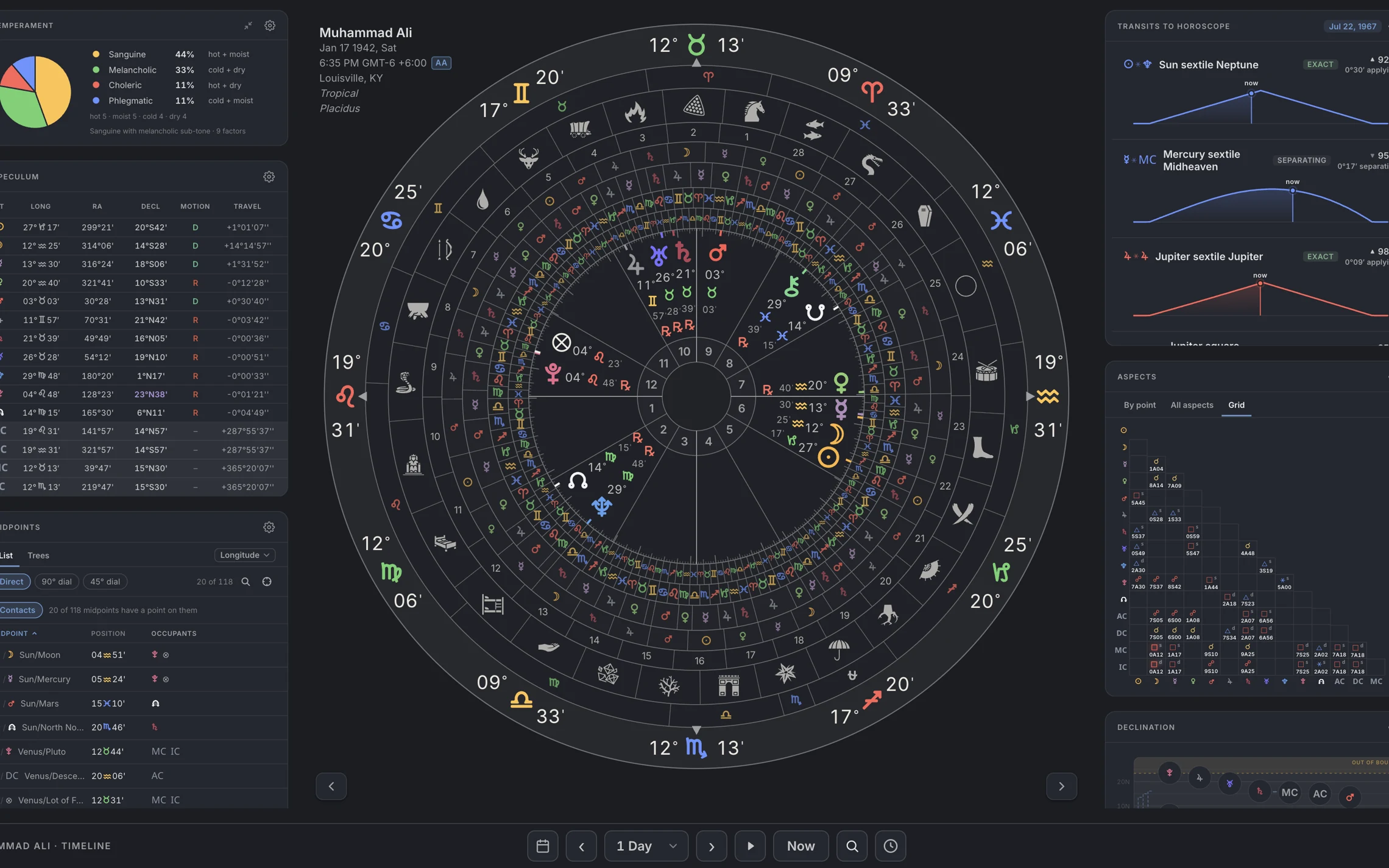 Chart rings. The Chart lens on a nativity, tri-wheel, bounds and decan rings on, readout showing sign glyphs and degrees.