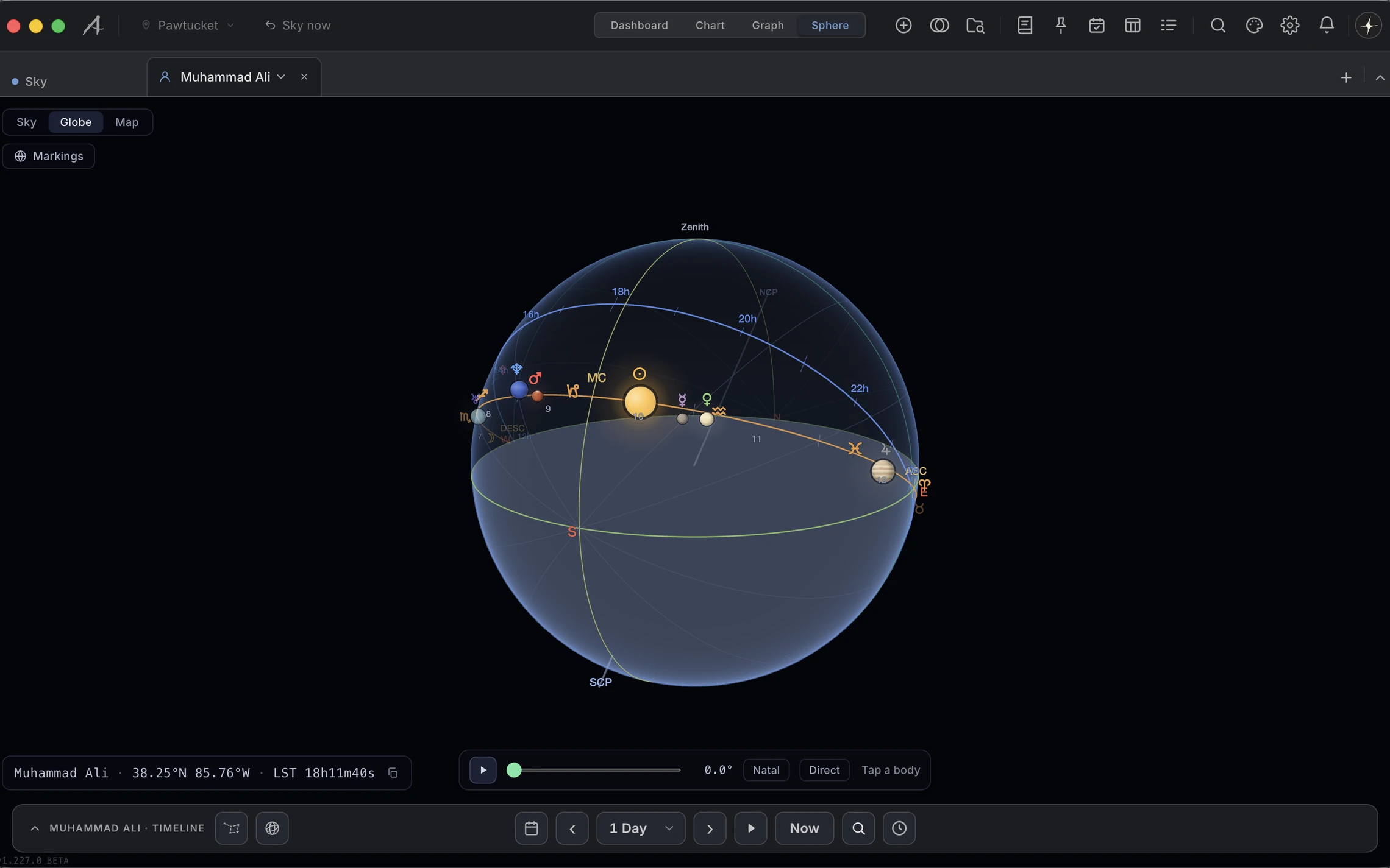 Globe. The Globe view with the circles drawn and below-horizon shading on, the horizon ring and the cardinals showing.