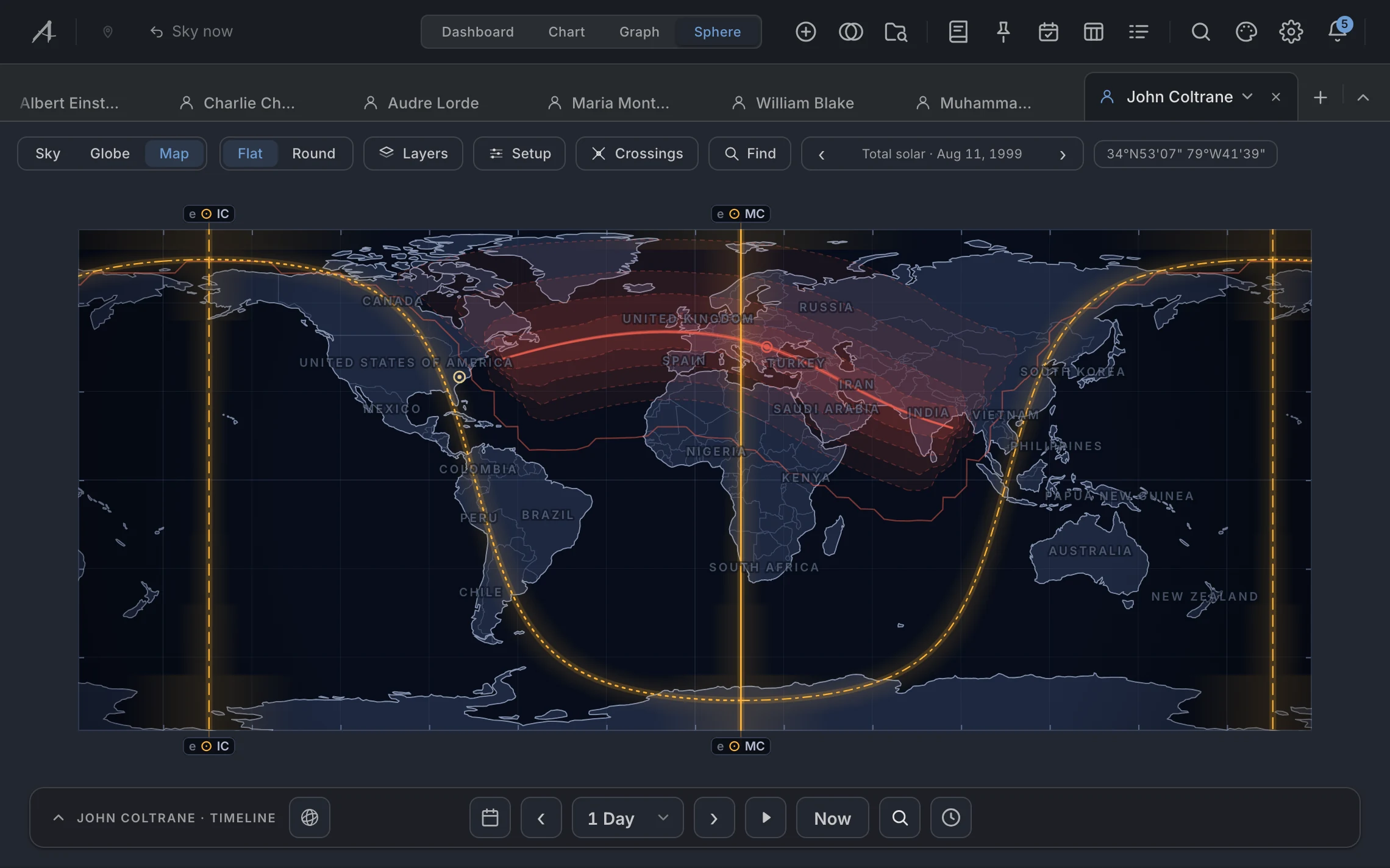 Eclipses on the map. The Map view, flat, with a total solar eclipse’s bands drawn across Europe and Asia and nothing else on the map.