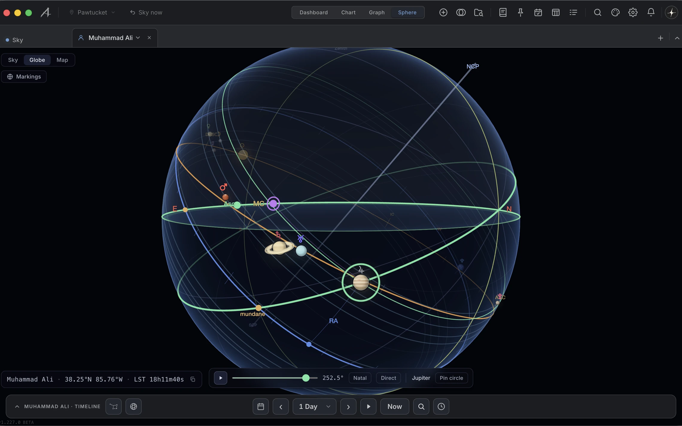 Primary Directions. The globe part way through a direction, the arc drawn, the degrees of it and the significator on the bar.