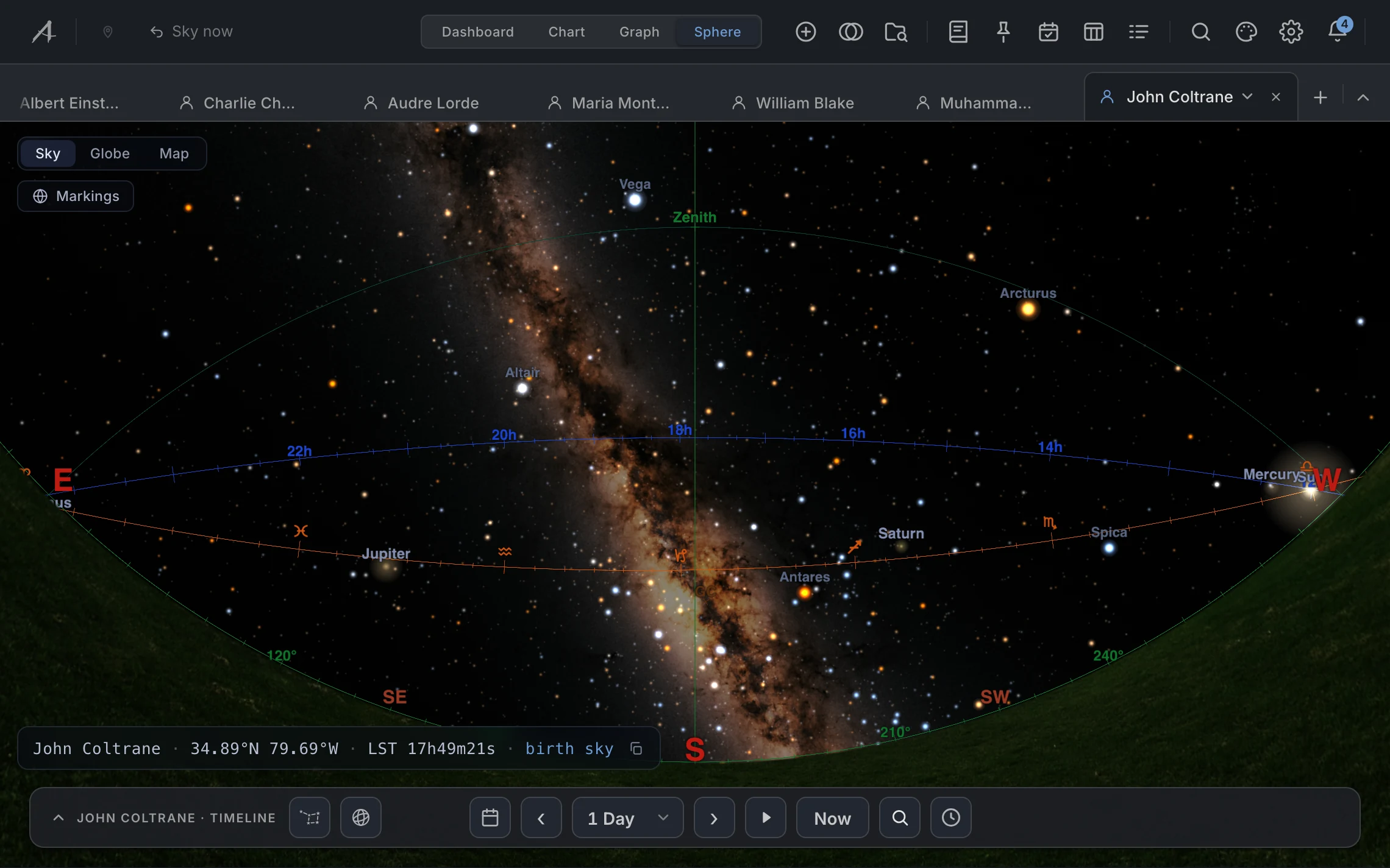 Sky. The Sphere lens on Sky, looking east, ecliptic and horizon on, star names on.